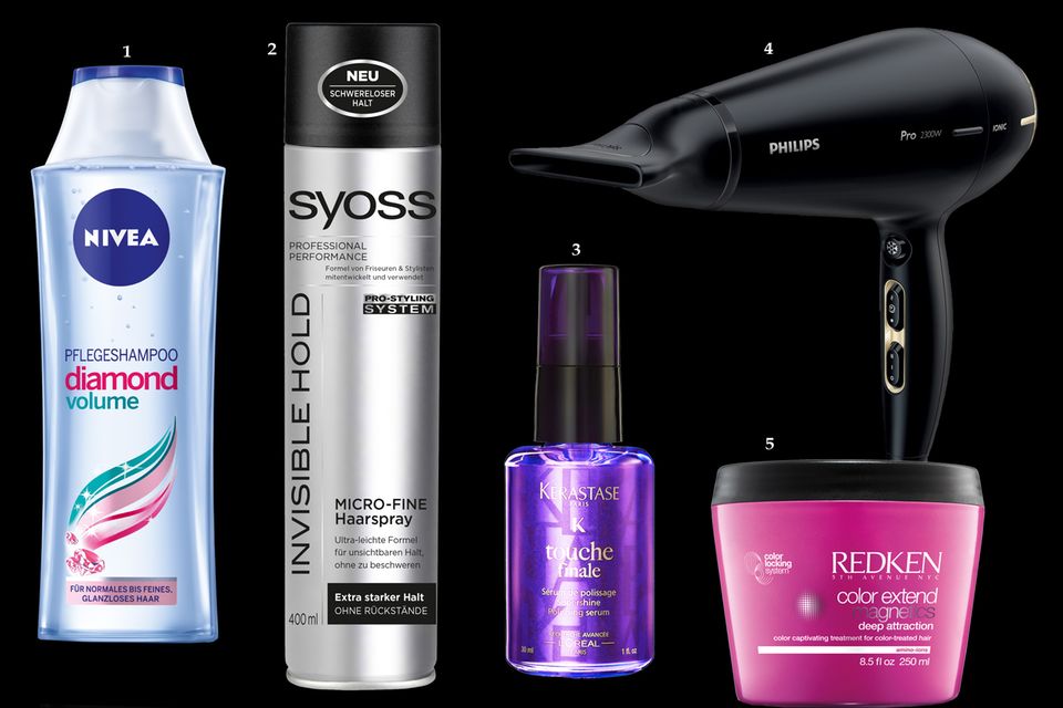 Frisuren: 1. Stärkt dünner werdendes Haar und schafft so Volumen: "Glanz Pflegeshampoo Diamond Volume" von Nivea, 250 ml, ca. 3 Euro; 2. Gibt feinem Haar Halt, ohne zu beschweren: "Invisible Hold Micro-Fine Fixation Haarspray" von Syoss, 400 ml, ca. 4 Euro; 3. Verhindert Frizz und reflektiert zusätzlich das Licht: "Touche Finale Supershine Polishing Serum" von Kérastase, 30 ml, ca. 23 Euro; 4. Bringt wieder Stand in lasches Haar: "Pro Haartrockner HPS920" von Philips, ca. 85 Euro; 5. Schützt die Farbe vorm Verblassen und sorgt für Glanz: "Color Extend Magnetics Maske" von Redken, 250 ml, ca. 29 Euro 1. Stärkt dünner werdendes Haar und schafft so Volumen: "Glanz Pflegeshampoo Diamond Volume" von Nivea, 250 ml, ca. 3 Euro; 2. Gibt feinem Haar Halt, ohne zu beschweren: "Invisible Hold Micro-Fine Fixation Haarspray" von Syoss, 400 ml, ca. 4 Euro; 3. Verhindert Frizz und reflektiert zusätzlich das Licht: "Touche Finale Supershine Polishing Serum" von Kérastase, 30 ml, ca. 23 Euro; 4. Bringt wieder Stand in lasches Haar: "Pro Haartrockner HPS920" von Philips, ca. 85 Euro; 5. Schützt die Farbe vorm Verblassen und sorgt für Glanz: "Color Extend Magnetics Maske" von Redken, 250 ml, ca. 29 Euro