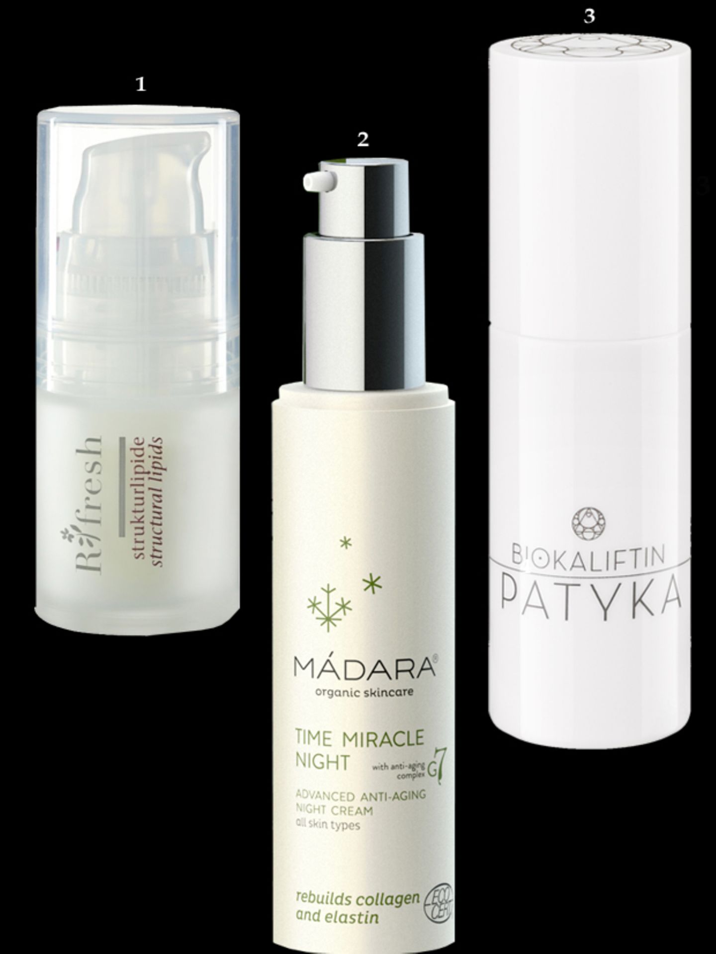Anti-Aging: 1 "Strukturlipide" von Ringana, 15 ml, ca. 33 Euro; 2 "The Miracle Night" von Mádara, 50 ml, ca. 39 Euro; 3 "Biokaliftin Elixir Nuit Réparateur" von Patyka, 15 ml, ca. 74 Euro 1 "Strukturlipide" von Ringana, 15 ml, ca. 33 Euro; 2 "The Miracle Night" von Mádara, 50 ml, ca. 39 Euro; 3 "Biokaliftin Elixir Nuit Réparateur" von Patyka, 15 ml, ca. 74 Euro