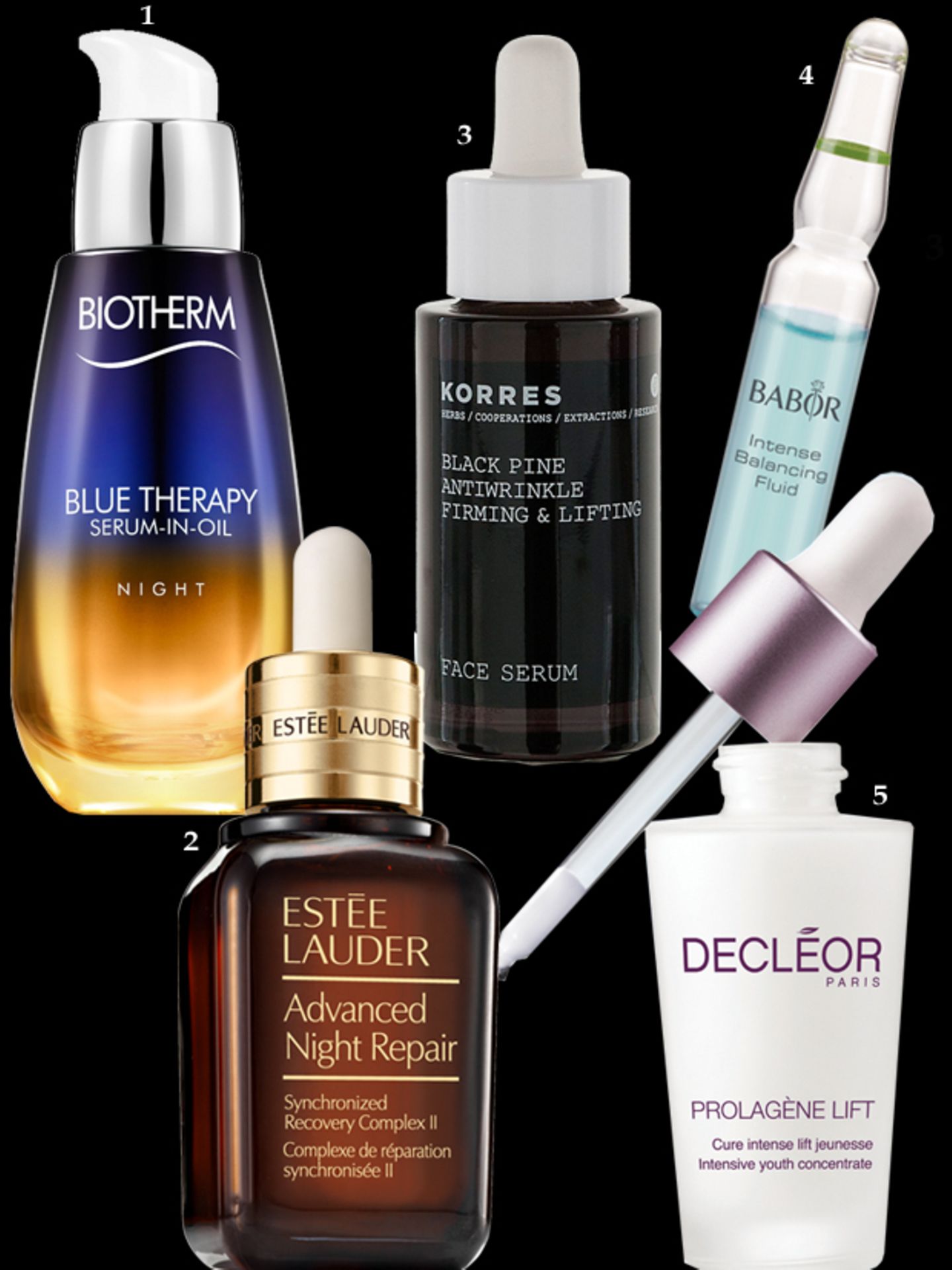 Anti-Aging: Spezialauftrag: 1 "Blue Therapy Serum-in-Oil Night" von Biotherm, 30 ml, ca. 64 Euro; 2 "Advanced Night Repair Synchronized Recovery Complex II" von Estée Lauder, ab 30 ml, ca. 73 Euro; 3 "Black Pine Serum" von Korres, 30 ml, ca. 45 Euro; 4 Relax-Ampullen "Intense Balancing Fluid" von Babor, 7 x 2 ml, ca. 29 Euro; 5 "Prolagène Lift – Cure intense lift jeunesse" von Decléor, 30 ml, ca. 65 Euro Spezialauftrag: 1 "Blue Therapy Serum-in-Oil Night" von Biotherm, 30 ml, ca. 64 Euro; 2 "Advanced Night Repair Synchronized Recovery Complex II" von Estée Lauder, ab 30 ml, ca. 73 Euro; 3 "Black Pine Serum" von Korres, 30 ml, ca. 45 Euro; 4 Relax-Ampullen "Intense Balancing Fluid" von Babor, 7 x 2 ml, ca. 29 Euro; 5 "Prolagène Lift – Cure intense lift jeunesse" von Decléor, 30 ml, ca. 65 Euro