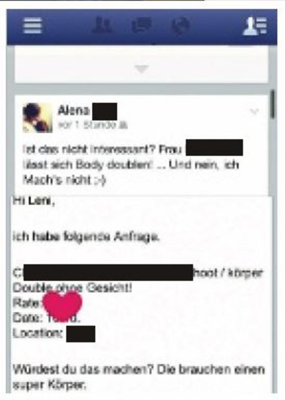 Alena Gerber: Zu Alenas Schutz hat GALA einige Stellen in ihrem Facebook-Eintrag unkenntlich gemacht. Zu Alenas Schutz hat GALA einige Stellen in ihrem Facebook-Eintrag unkenntlich gemacht.
