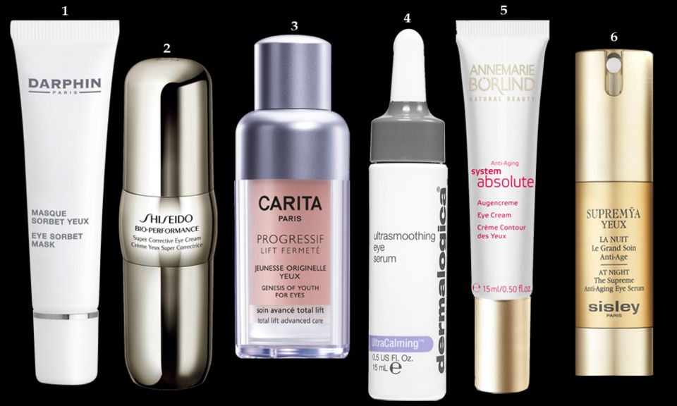 Anti-Aging: 1 Zehn-Minuten-Maske "Eye Sorbet Mask" von Darphin, 15 ml, ca. 29 Euro; 2 Hyaluronspender "Bio-Performance Super Corrective Eye Cream" von Shiseido, 15 ml, ca. 69 Euro; 3 Verbessert die Elastizität "Progressif Lift Fermeté - Jeunesse Originelle Yeux" von Carita, 15 ml, ca. 78 Euro; 4 Für Sensibelchen "Ultra Calming Ultra Smoothing Eye Serum" von Dermalogica, 15 ml, ca. 70 Euro; 5 Mit Bio-Koffein "System Absolute Anti-Aging-Augencreme" von Annemarie Börlind, 15 ml, ca. 29 Euro; 6 Gegen Fettansammlungen "Supremÿa Yeux La Nuit" von Sisley, 15 ml, ca. 208 Euro 1 Zehn-Minuten-Maske "Eye Sorbet Mask" von Darphin, 15 ml, ca. 29 Euro; 2 Hyaluronspender "Bio-Performance Super Corrective Eye Cream" von Shiseido, 15 ml, ca. 69 Euro; 3 Verbessert die Elastizität "Progressif Lift Fermeté - Jeunesse Originelle Yeux" von Carita, 15 ml, ca. 78 Euro; 4 Für Sensibelchen "Ultra Calming Ultra Smoothing Eye Serum" von Dermalogica, 15 ml, ca. 70 Euro; 5 Mit Bio-Koffein "System Absolute Anti-Aging-Augencreme" von Annemarie Börlind, 15 ml, ca. 29 Euro; 6 Gegen Fettansammlungen "Supremÿa Yeux La Nuit" von Sisley, 15 ml, ca. 208 Euro