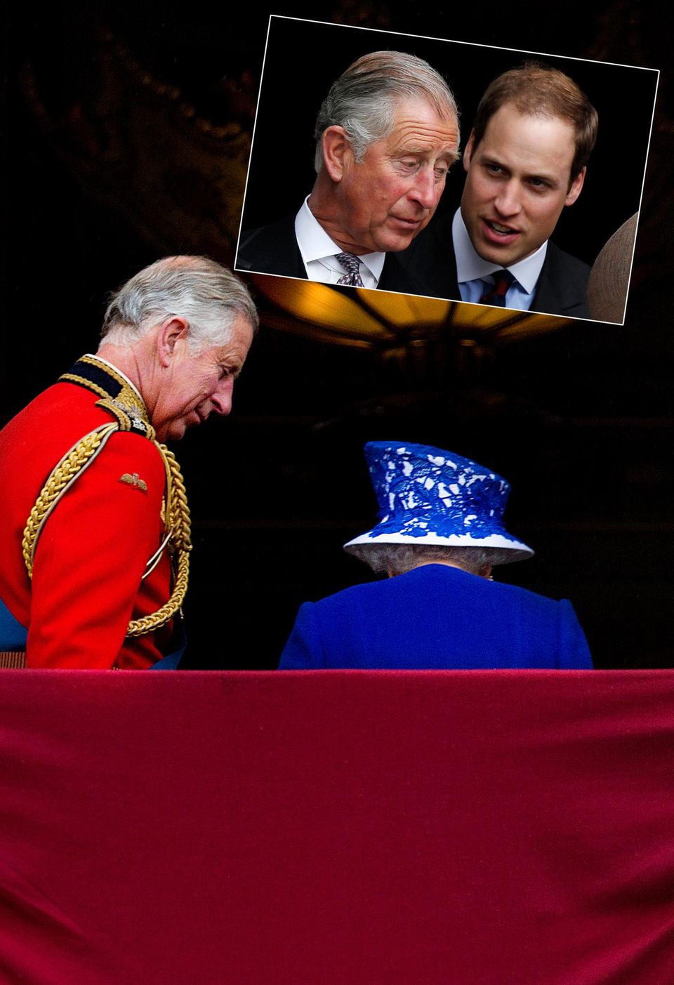 Generationen-Vetrag: Nach einer Parade für die Queen lässt Prinz Charles seiner Mutter auf dem Balkon von Buckingham Palace wie gewohnt den Vortritt. Eines Tages wird er ihr auf den Thron folgen, sein ältester Sohn Prinz William dürfte noch länger warten müssen.