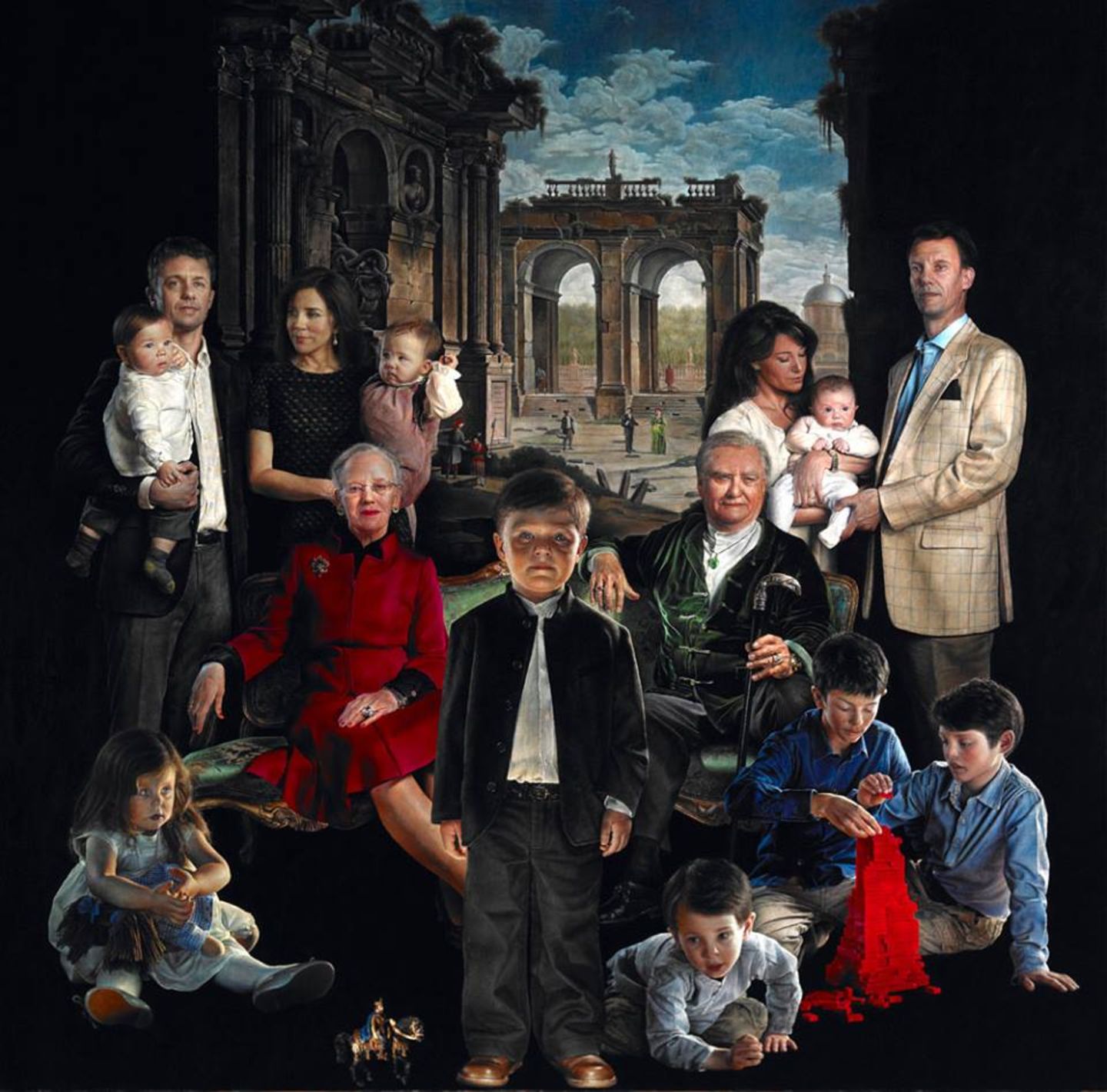 Dieses Gemälde der dänischen Königsfamilie hat der Künstler Thomas Kluge am Freitag im Amalienburgmuseum der Öffentlichkeit präsentiert. Die Reaktionen darauf sind gemixt - von Begeisterung bis Abscheu ist alles dabei.