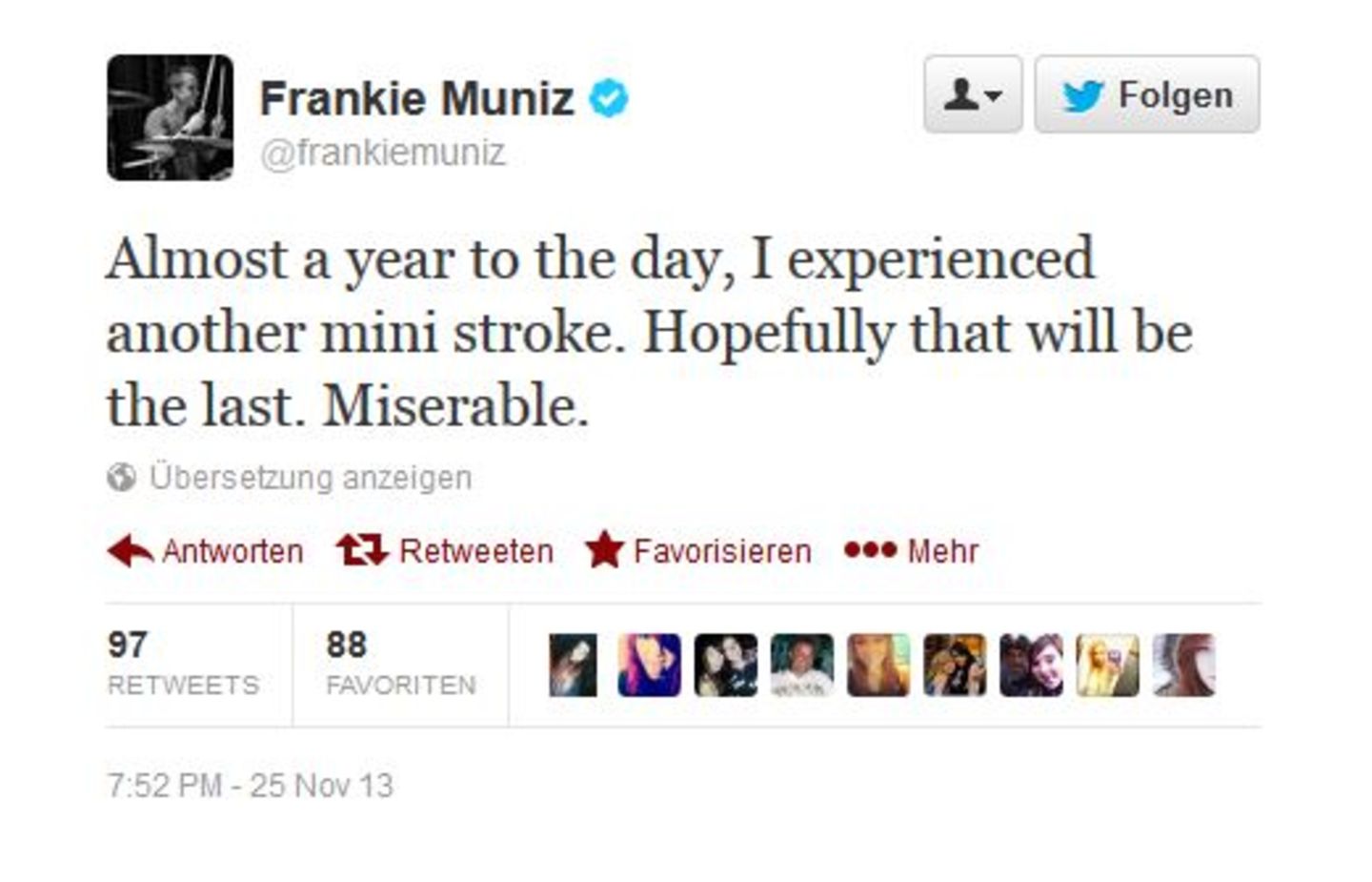 Frankie Muniz berichtet seinen Fans via Twitter von dem erneuten Schlaganfall