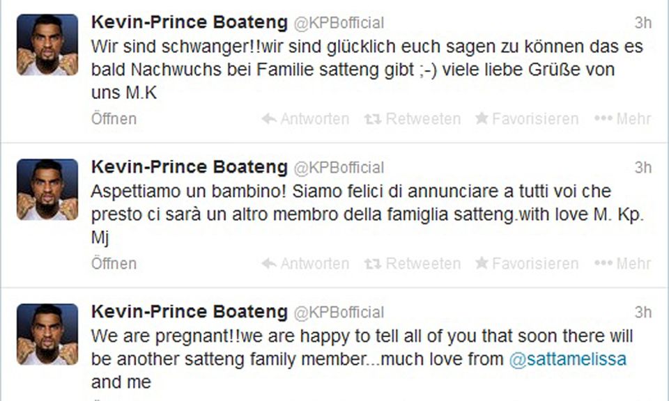 Kevin-Prince Boateng: Freude hoch drei: Auf Deutsch, Italienisch und Englisch verkündete der Fußballer die freudige Nachricht. Freude hoch drei: Auf Deutsch, Italienisch und Englisch verkündete der Fußballer die freudige Nachricht.