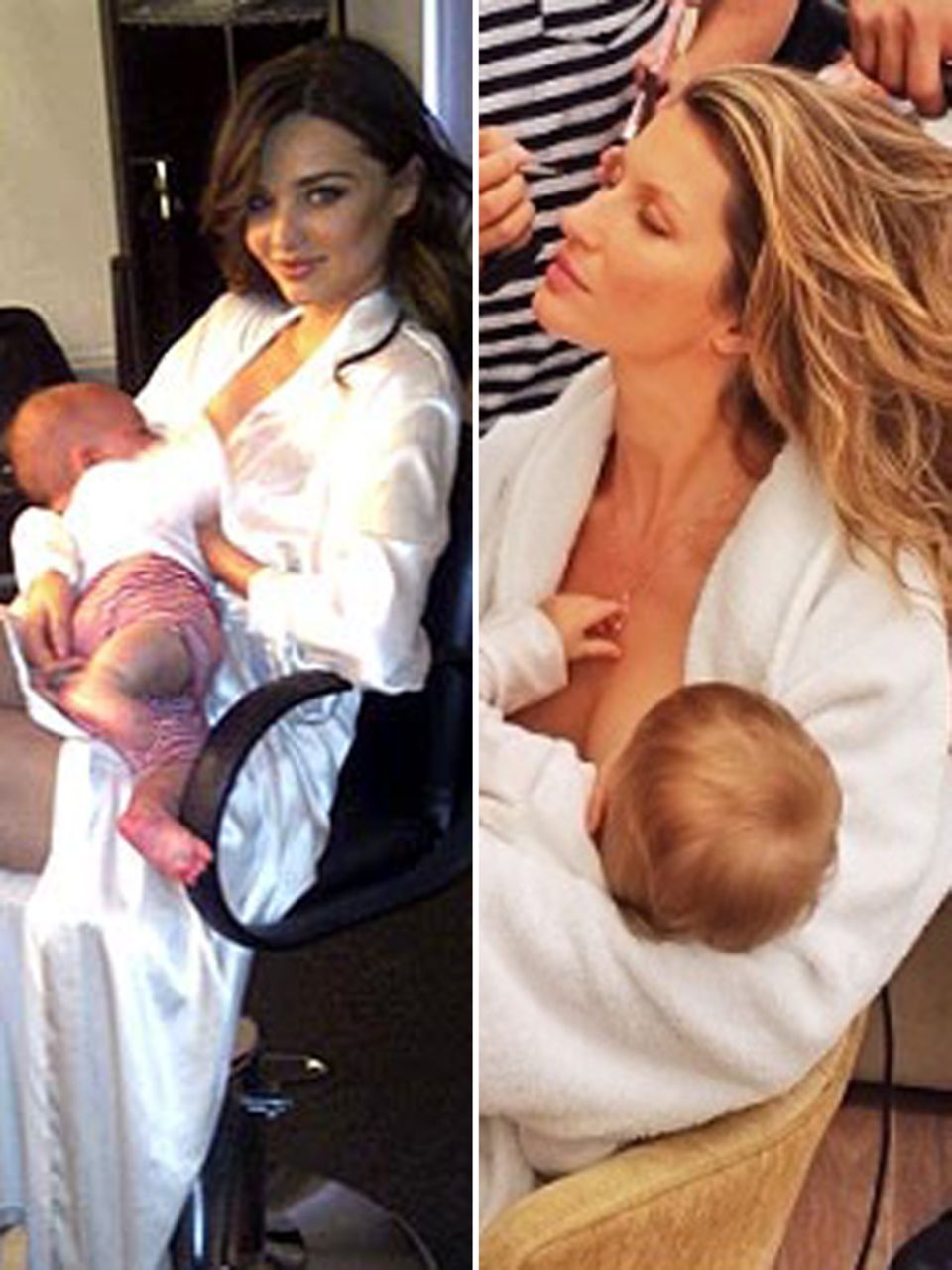 Miranda + Gisele: Zwei Frauen mit Weltkarrieren: Miranda Kerr und Gisele Bündchen zeigen mit Stolz, wie sie ihre Kinder an Sets von Fotoshootings stillen. Miranda Kerr + Gisele Bündchen