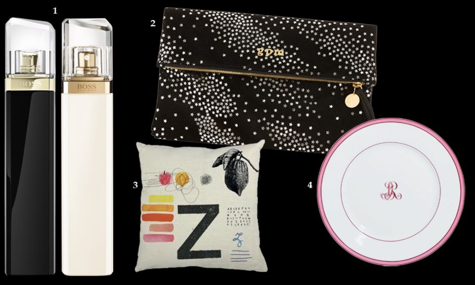 Gwyneth Paltrow: 1. Blumig: "Nuit Pour Femme" und "Jour Pour Femme" von Hugo Boss, EdP, jeweils 75 ml, ca. 88 Euro; 2. "Black Suede Foldover Clutch" von Clare Vivier, ca. 193 Euro, limitiert. 3. "Made in Mitte Kissen Medium" von Type Hype, ca. 74 Euro. 4. "Tropic rosa"-Essteller mit Monogramm, von Raynaud, ca. 49 Euro 1. Blumig: "Nuit Pour Femme" und "Jour Pour Femme" von Hugo Boss, EdP, jeweils 75 ml, ca. 88 Euro; 2. "Black Suede Foldover Clutch" von Clare Vivier, ca. 193 Euro, limitiert. 3. "Made in Mitte Kissen Medium" von Type Hype, ca. 74 Euro. 4. "Tropic rosa"-Essteller mit Monogramm, von Raynaud, ca. 49 Euro