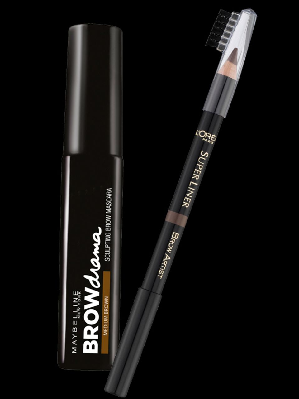 Links: "Browdrama"-Mascara von Maybelline; Rechts: Wachsstift "Brow Artist Shaper" von L'Oréal Paris; beide erhältlich ab Februar 2014