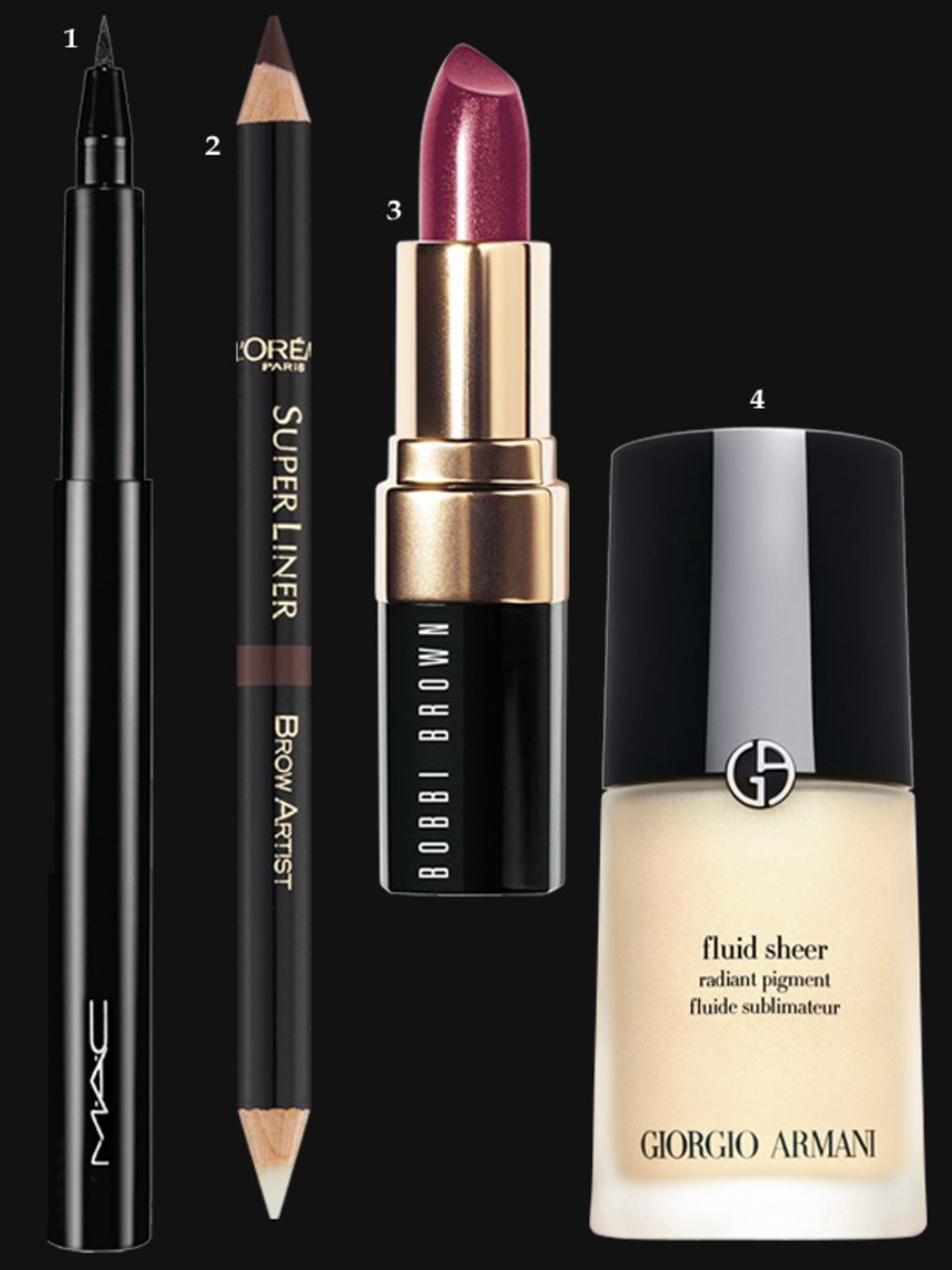 1. Schwarzer Flüssig-Eyeliner "Penultimate" von Mac, ca. 21 Euro; 2. "Brow Artist Shaper Augenbrauenstift – Brunette 03" von L'Oréal Paris, ca. 9 Euro; 3. "Shimmer Lip Color – Ruby Shimmer" von Bobbi Brown, ca. 25 Euro; 4. Highlighter: "Fluid Sheer Radiant Pigment" von Giorgio Armani, 30 ml, ca. 50 Euro 1. Schwarzer Flüssig-Eyeliner "Penultimate" von Mac, ca. 21 Euro; 2. "Brow Artist Shaper Augenbrauenstift – Brunette 03" von L'Oréal Paris, ca. 9 Euro; 3. "Shimmer Lip Color – Ruby Shimmer" von Bobbi Brown, ca. 25 Euro; 4. Highlighter: "Fluid Sheer Radiant Pigment" von Giorgio Armani, 30 ml, ca. 50 Euro