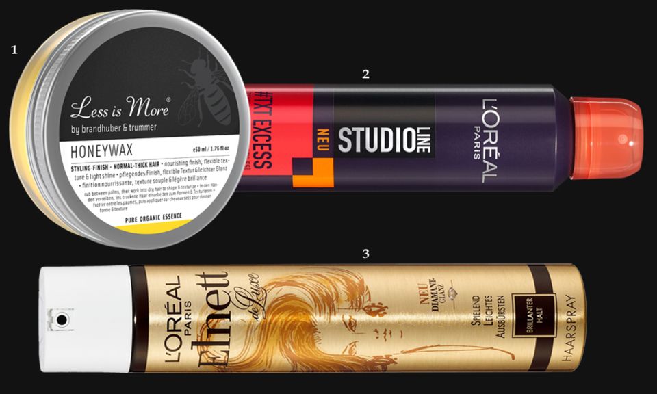 Berlinale-Beauty: 1. Pflegendes Finish: "Honeywax" von Less is More, 50 ml, ca. 23 Euro; 2. "Studio Line #TXT Excess Volume Texturizing Spray" von L'Oréal Paris, 200 ml, ca. 5 Euro; 3. Haarspray "Elnett de Luxe Diamant" von L'Oréal Paris, 300 ml, ca. 5 Euro 1. Pflegendes Finish: "Honeywax" von Less is More, 50 ml, ca. 23 Euro; 2. "Studio Line #TXT Excess Volume Texturizing Spray" von L'Oréal Paris, 200 ml, ca. 5 Euro; 3. Haarspray "Elnett de Luxe Diamant" von L'Oréal Paris, 300 ml, ca. 5 Euro