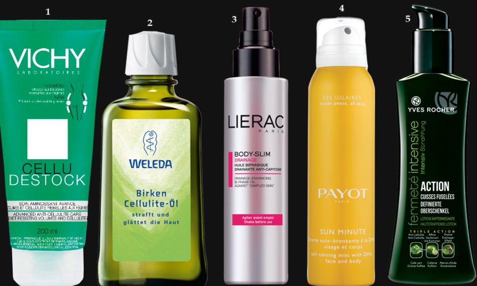 Anti-Cellulite: 1. "Cellu Destock" von Vichy, 200 ml, ca. 25 Euro 2. "Birken Cellulite-Öl" von Weleda, 100 ml, ca. 16 Euro 3. "Body-Slim Destock Nuit"-Anti-Cellulite-Konzentrat von Lierac, 200 ml, ca. 37 Euro 4. "Sun Minute"-Selbstbräunungsspray von Payot, 125 ml, ca. 25 Euro 5. "Minceur Intensive – Definierte Oberschenkel“ von Yves Rocher, 150 ml, ca. 25 Euro. 1. "Cellu Destock" von Vichy, 200 ml, ca. 25 Euro 2. "Birken Cellulite-Öl" von Weleda, 100 ml, ca. 16 Euro 3. "Body-Slim Destock Nuit"-Anti-Cellulite-Konzentrat von Lierac, 200 ml, ca. 37 Euro 4. "Sun Minute"-Selbstbräunungsspray von Payot, 125 ml, ca. 25 Euro 5. "Minceur Intensive – Definierte Oberschenkel“ von Yves Rocher, 150 ml, ca. 25 Euro.