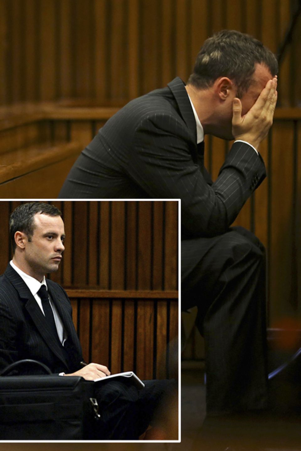 Oscar Pistorius, erst gefasst (kl. Bild), später am Boden zerstört