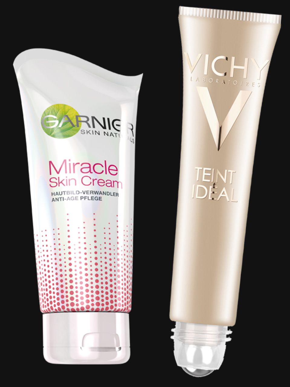Links: Bei der "Miracle Skin Cream" von Garnier (50 ml, ca. 12 Euro) kommt die silbrige Foundation erst durch Reiben zur Geltung. Rechts: Perfekt für kleine Flächeneffekte: "Roll-on Highlighter" von Vichy (8 ml, ca. 16 Euro)
