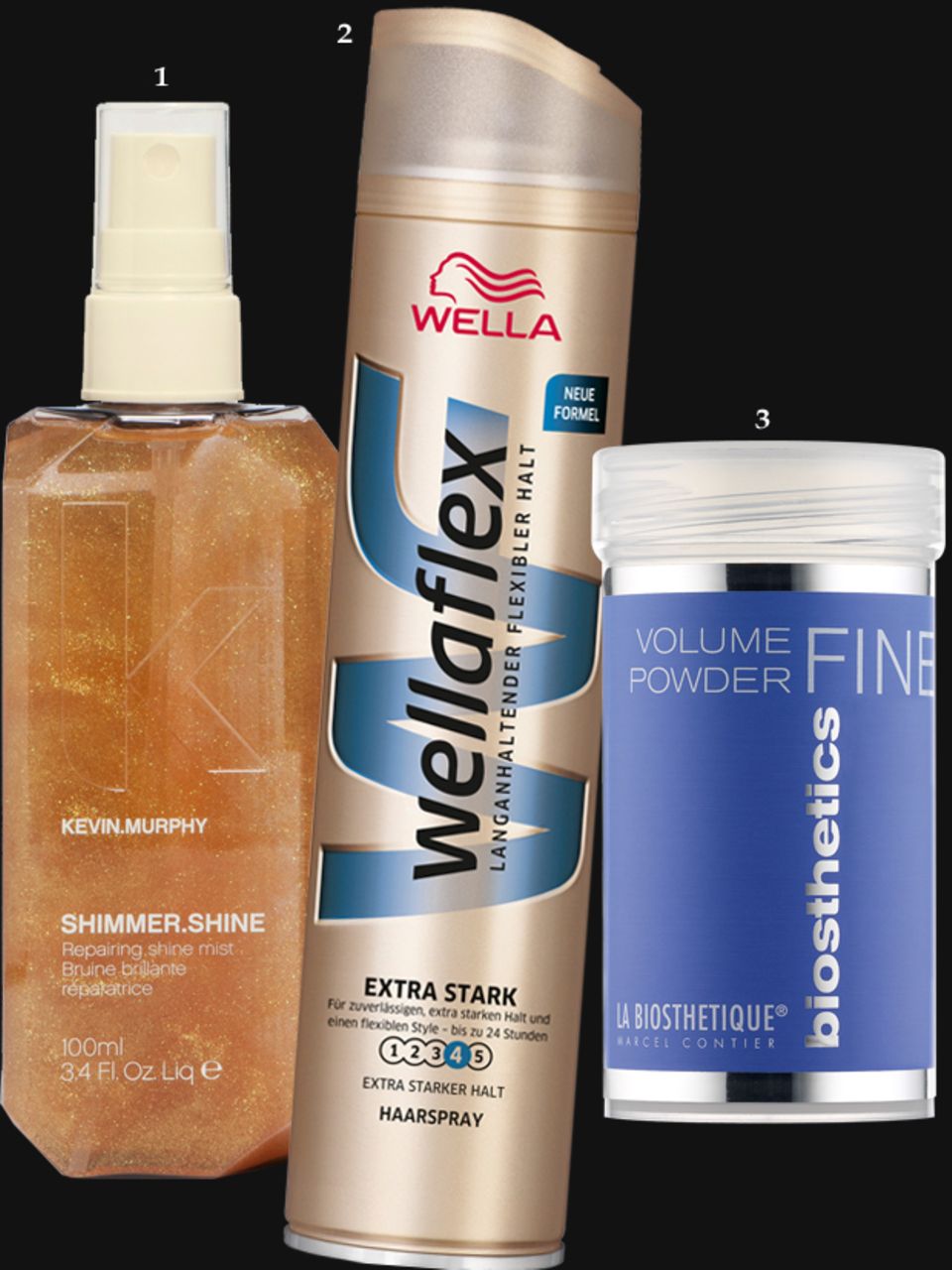 1. "Shimmer.Shine"-Spray von Kevin Murphy, 100 ml, ca. 28 Euro; 2. "Form & Finish Haarspray extra starker Halt" von Wellaflex, 75 ml, ca. 1,50 Euro; 3. "Volume Powder" von La Biosthétique, 14 g, ca. 19 Euro