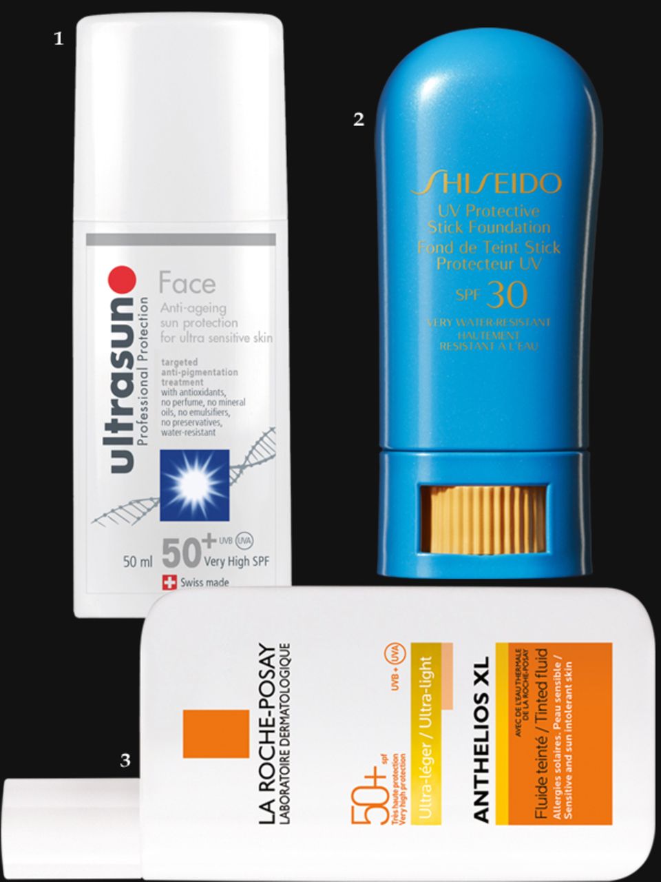 Sonnenschutz: 1. "Face SPF50+ Anti-Pigmentation" von Ultrasun, 50 ml, ca. 23 Euro; 2. "Suncare UV Protective Stick Foundation SPF 30", von Shiseido, ca. 26 Euro; 3. "Anthelios XL LSF 50+ Getöntes Fluid" von La Roche-Posay, 50 ml, ca 20 Euro 1. "Face SPF50+ Anti-Pigmentation" von Ultrasun, 50 ml, ca. 23 Euro; 2. "Suncare UV Protective Stick Foundation SPF 30", von Shiseido, ca. 26 Euro; 3. "Anthelios XL LSF 50+ Getöntes Fluid" von La Roche-Posay, 50 ml, ca 20 Euro