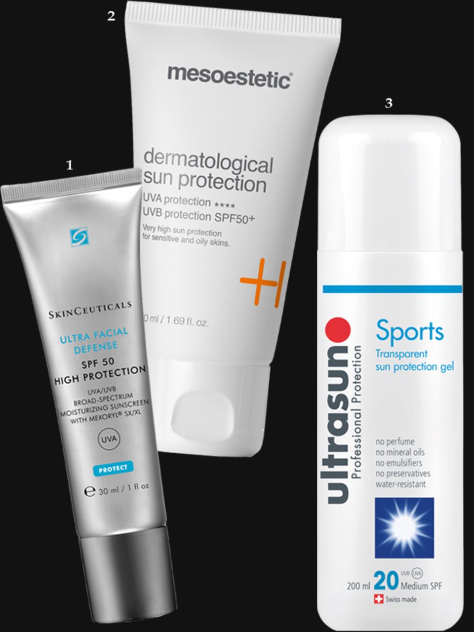 Sonnenschutz: 1. Enthält weder Parfüm noch Futter für Mitesser: "Ultra Facial Defense" von SkinCeuticals, 30 ml, ca. 31 Euro. 2. Wirkt aktiv gegen UV-bedingte Akne: "Dermatological Sun Protection" von Mesoestetic, 50 ml, ca. 42 Euro; 3. Parfümfrei, wasserfest und leicht dosierbar: das "Sports Transparent Sun Protection Gel" mit SPF 20 von Ultrasun, 200 ml, ca. 28 Euro 1. Enthält weder Parfüm noch Futter für Mitesser: "Ultra Facial Defense" von SkinCeuticals, 30 ml, ca. 31 Euro. 2. Wirkt aktiv gegen UV-bedingte Akne: "Dermatological Sun Protection" von Mesoestetic, 50 ml, ca. 42 Euro; 3. Parfümfrei, wasserfest und leicht dosierbar: das "Sports Transparent Sun Protection Gel" mit SPF 20 von Ultrasun, 200 ml, ca. 28 Euro