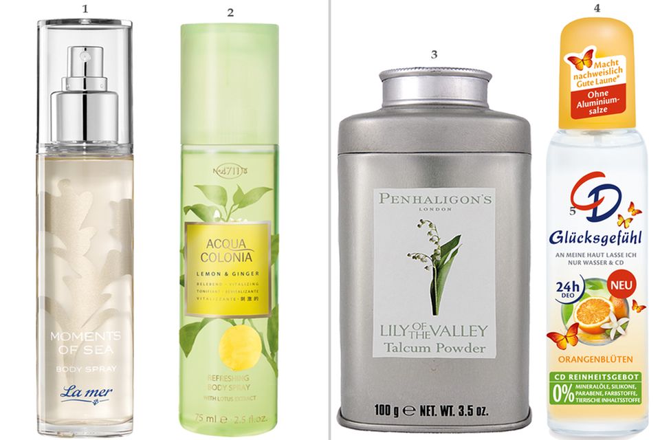 Sommer-Pflege: 1. "Body Spray Pearl of Sea" von La Mer, 100 ml, ca. 30 Euro; 2. "Lemon & Ginger Körperspray" von Kölnisch Wasser 4711, 75 ml, ca. 14 Euro; 3. "Lily of the Valley Talcum Powder" von Penhaligon's, 100 g, ca. 30 Euro; 4. "Glücksgefühl Deo Zerstäuber" von CD, 75 ml, ca. 3 Euro 1. "Body Spray Pearl of Sea" von La Mer, 100 ml, ca. 30 Euro; 2. "Lemon & Ginger Körperspray" von Kölnisch Wasser 4711, 75 ml, ca. 14 Euro; 3. "Lily of the Valley Talcum Powder" von Penhaligon's, 100 g, ca. 30 Euro; 4. "Glücksgefühl Deo Zerstäuber" von CD, 75 ml, ca. 3 Euro