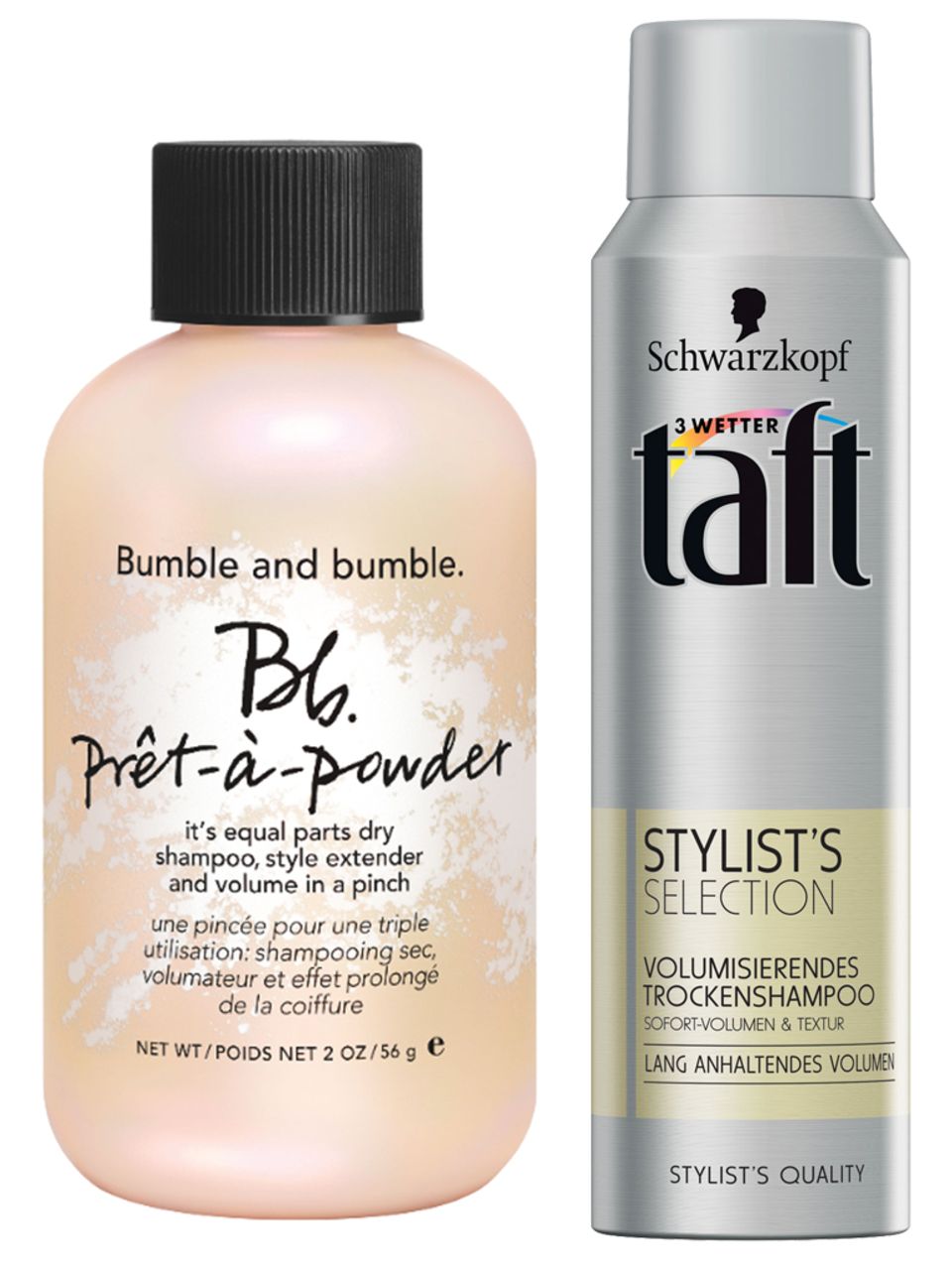 Sommer-Pflege: Links: "Bumble and Bumble Prêt-à-Powder", 56 g, ca. 30 Euro; Rechts: "Stylist's Selection volumisierendes Trockenshampoo" von Taft, 150 ml, ca. 3 Euro. Links: "Bumble and Bumble Prêt-à-Powder", 56 g, ca. 30 Euro; Rechts: "Stylist's Selection volumisierendes Trockenshampoo" von Taft, 150 ml, ca. 3 Euro.