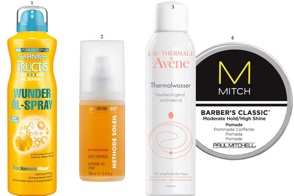 Sommer-Look: 1. Aprikosen-, Mangound Mandelöl sorgen für eine glänzende Oberfläche: "Garnier Fructis Wunder Öl- Spray", 150 ml, ca. 5 Euro; 2. Mit dem "Gloss Controle Spray" von La Biosthétique gelingen die angesagten Effekte, und das Haar wird zusätzlich vor UV-Strahlen geschützt. 100 ml, ca. 17 Euro; 3. Perfekt für einen Ansatz mit viel sichtbarer Struktur: " Barber's Classic Pomade" von Paul Mitchell, 85 g, ca. 25 Euro; 4. Dieser Klassiker dient nicht nur als Erfrischung für zwischendurch, er hilft auch beim Stylen: "Thermalwasser-Spray" von Avène, 50 ml, ca. 3 Euro 1. Aprikosen-, Mangound Mandelöl sorgen für eine glänzende Oberfläche: "Garnier Fructis Wunder Öl- Spray", 150 ml, ca. 5 Euro; 2. Mit dem "Gloss Controle Spray" von La Biosthétique gelingen die angesagten Effekte, und das Haar wird zusätzlich vor UV-Strahlen geschützt. 100 ml, ca. 17 Euro; 3. Perfekt für einen Ansatz mit viel sichtbarer Struktur: " Barber's Classic Pomade" von Paul Mitchell, 85 g, ca. 25 Euro; 4. Dieser Klassiker dient nicht nur als Erfrischung für zwischendurch, er hilft auch beim Stylen: "Thermalwasser-Spray" von Avène, 50 ml, ca. 3 Euro