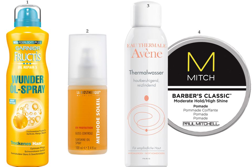 Sommer-Look: 1. Aprikosen-, Mangound Mandelöl sorgen für eine glänzende Oberfläche: "Garnier Fructis Wunder Öl- Spray", 150 ml, ca. 5 Euro; 2. Mit dem "Gloss Controle Spray" von La Biosthétique gelingen die angesagten Effekte, und das Haar wird zusätzlich vor UV-Strahlen geschützt. 100 ml, ca. 17 Euro; 3. Perfekt für einen Ansatz mit viel sichtbarer Struktur: " Barber's Classic Pomade" von Paul Mitchell, 85 g, ca. 25 Euro; 4. Dieser Klassiker dient nicht nur als Erfrischung für zwischendurch, er hilft auch beim Stylen: "Thermalwasser-Spray" von Avène, 50 ml, ca. 3 Euro 1. Aprikosen-, Mangound Mandelöl sorgen für eine glänzende Oberfläche: "Garnier Fructis Wunder Öl- Spray", 150 ml, ca. 5 Euro; 2. Mit dem "Gloss Controle Spray" von La Biosthétique gelingen die angesagten Effekte, und das Haar wird zusätzlich vor UV-Strahlen geschützt. 100 ml, ca. 17 Euro; 3. Perfekt für einen Ansatz mit viel sichtbarer Struktur: " Barber's Classic Pomade" von Paul Mitchell, 85 g, ca. 25 Euro; 4. Dieser Klassiker dient nicht nur als Erfrischung für zwischendurch, er hilft auch beim Stylen: "Thermalwasser-Spray" von Avène, 50 ml, ca. 3 Euro