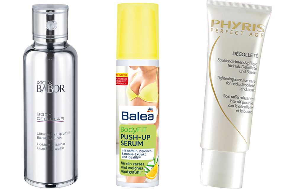 Hollywood-Trend: Intensivpflege für Dekolleté und straffende Pflege für die Brust: Die "Doctor Babor Ultimate Lipofill Bust Lotion" (100 ml, ca. 69 Euro), "Balea BodyFit Push-up Serums" (100 ml, ca. 4 Euro) und "Phyris Perfect Age Decolleté" (75 ml, ca. 38 Euro). Intensivpflege für Dekolleté und straffende Pflege für die Brust: Die "Doctor Babor Ultimate Lipofill Bust Lotion" (100 ml, ca. 69 Euro), "Balea BodyFit Push-up Serums" (100 ml, ca. 4 Euro) und "Phyris Perfect Age Decolleté" (75 ml, ca. 38 Euro).