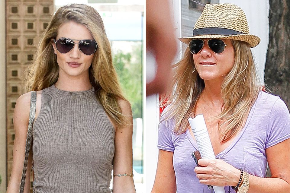 Rosie Huntington-Whiteley und Jennifer Aniston machen es vor: Sommerliche Jerseys werden neuerdings vermehrt ohne BH getragen.