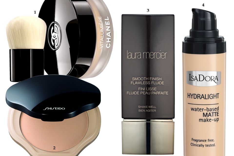 #NoMakeUp: 1 "Vitalumière Loose Powder Foundation" von Chanel, ca. 72 Euro 2 Kompakt-Foundation "Sheer and Perfect Compact" von Shiseido, ca. 44 Euro 3 "Smooth Finish Flawless Fluide" von Laura Mercier, 30 ml, ca. 28 Euro 4 "Hydralight Foundation" von Isadora, 30 ml, ca. 15 Euro, exklusiv bei Douglas 1 "Vitalumière Loose Powder Foundation" von Chanel, ca. 72 Euro 2 Kompakt-Foundation "Sheer and Perfect Compact" von Shiseido, ca. 44 Euro 3 "Smooth Finish Flawless Fluide" von Laura Mercier, 30 ml, ca. 28 Euro 4 "Hydralight Foundation" von Isadora, 30 ml, ca. 15 Euro, exklusiv bei Douglas
