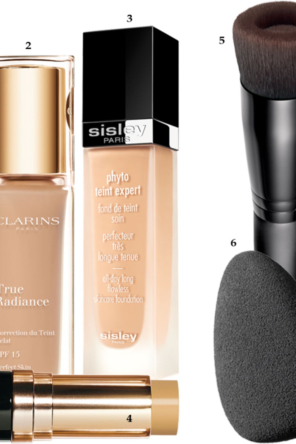 1 "Perfectionist Youth- Infusing Makeup SPF 25" von Estée Lauder, 30 ml, ca. 55 Euro 2 "True Radiance" von Clarins, 30 ml, ca. 35 Euro 3 "Phyto Teint Expert" von Sisley, 30 ml, ca. 97 Euro 4 "Skin Foundation Stick" von Bobbi Brown, 9 g, ca. 43 Euro 5 Durch die Aussparung in der Mitte nimmt der "Perfecting Face Brush" von Bareminerals weniger Make-up auf. Ca. 26 Euro 6 Weich abrollen: Der eiförmige "Backstage Sponge Fluid Foundation" von Dior perfektioniert das Modellieren. Ca. 17 Euro 7 Die abgeschrägte Form des "Sculpting Foundation Brush" von Estée Lauder passt sich der Gesichtsform an. Ca. 40 Euro 1 "Perfectionist Youth- Infusing Makeup SPF 25" von Estée Lauder, 30 ml, ca. 55 Euro 2 "True Radiance" von Clarins, 30 ml, ca. 35 Euro 3 "Phyto Teint Expert" von Sisley, 30 ml, ca. 97 Euro 4 "Skin Foundation Stick" von Bobbi Brown, 9 g, ca. 43 Euro 5 Durch die Aussparung in der Mitte nimmt der "Perfecting Face Brush" von Bareminerals weniger Make-up auf. Ca. 26 Euro 6 Weich abrollen: Der eiförmige "Backstage Sponge Fluid Foundation" von Dior perfektioniert das Modellieren. Ca. 17 Euro 7 Die abgeschrägte Form des "Sculpting Foundation Brush" von Estée Lauder passt sich der Gesichtsform an. Ca. 40 Euro