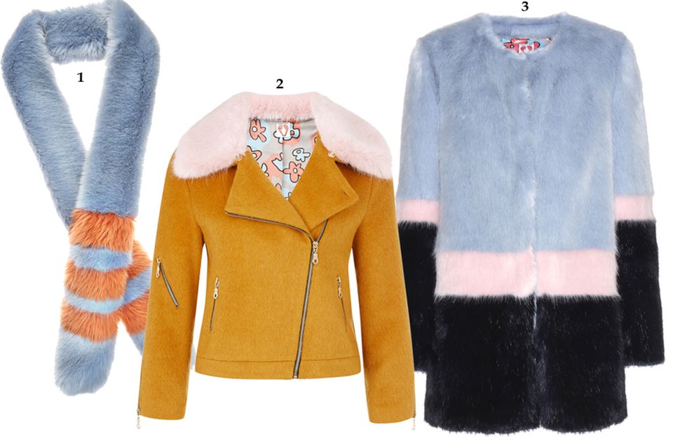 Fake Fur: 1. Für den Hals: Kuschelweiches in Blau- Orange, ca. 210 Euro; 2. Bikerjacke mit rosa Flauschkragen, ca. 640 Euro; 3. Neo-Klassiker. Kragenloser Mantel, ca. 720 Euro, über www.mytheresa.com 1. Für den Hals: Kuschelweiches in Blau- Orange, ca. 210 Euro; 2. Bikerjacke mit rosa Flauschkragen, ca. 640 Euro; 3. Neo-Klassiker. Kragenloser Mantel, ca. 720 Euro, über www.mytheresa.com
