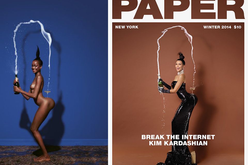 Carolina Beaumont wurde 1976 von Jean-Paul Goude fotografiert, Socialmedia-Star Kim Kardashian soll mit der gleichen Pose 2014 das Internet rocken.