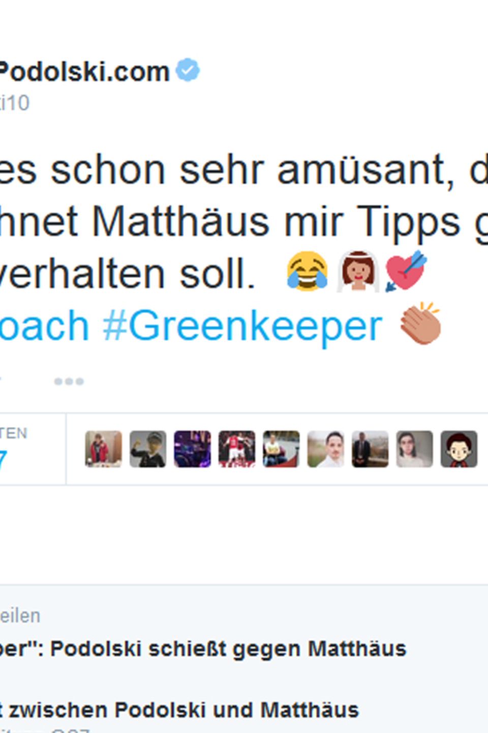 Lukas Podolski feuert zurück und wählt für seine Twitter-Message an Lothar Matthäus besonders brisante Hashtags und Emoticons. Lukas Podolski feuert zurück und wählt für seine Twitter-Message an Lothar Matthäus besonders brisante Hashtags und Emoticons.