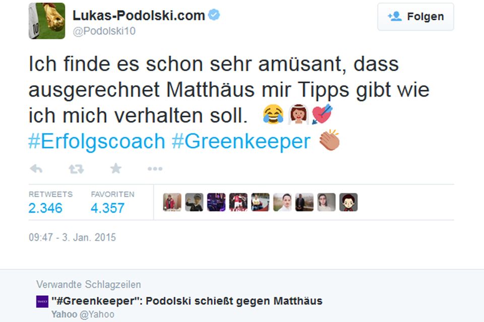 Lukas Podolski feuert zurück und wählt für seine Twitter-Message an Lothar Matthäus besonders brisante Hashtags und Emoticons.