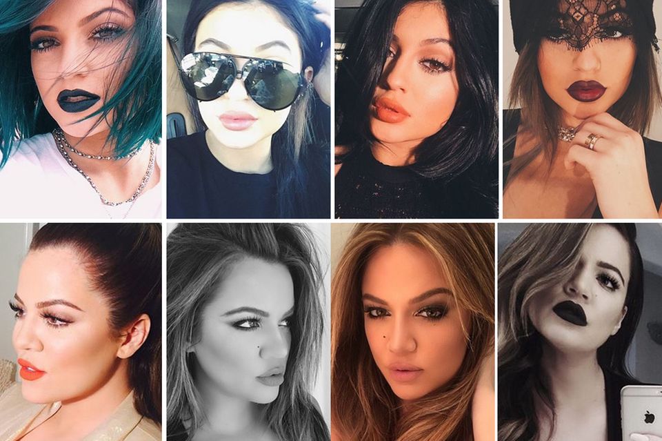 Was für eine Verwandlung: Kylie (oben) und Khloe haben sich ganz schön verändert. Mitte 2014 (ganz links) haben sie noch volle, aber natürliche Lippen. Die Aufnahmen danach zeigen die immer extremer werdende Make-up-Routine, die vielleicht auch durch einen kosmetischen Eingriff unterstützt wurde.