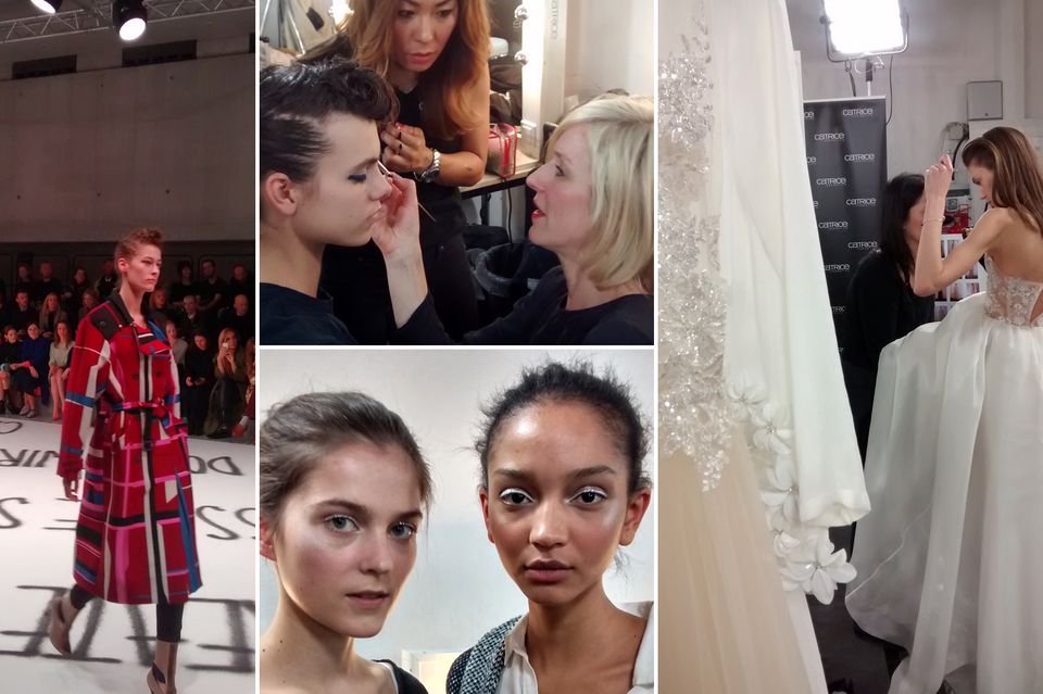 Visagistin Loni Baur kreiert den Make-up-Look mit Produkten von Catrice für die Schauen von Capara (links im Bild) und Kaviar Gauche (rechts im Bild) im Palazzo Italia während der Mercedes-Benz Fashion Week in Berlin.