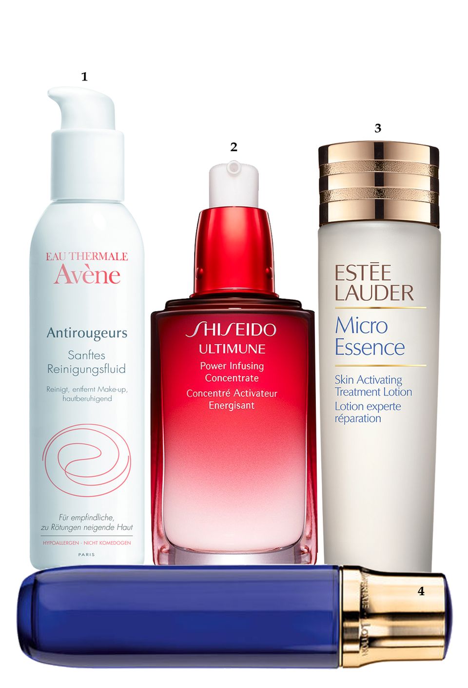 Gesichtsreinigung: 1. "Antirougeurs Reinigungsfluid" von Avène, 300 ml, ca. 20 Euro; 2. "Ultimune Power Infusing Concentrate" von Shiseido, 30 ml, ca. 80 Euro; 3. "Micro Essence Skin Activating Treatment Lotion" von Estée Lauder, 150 ml, ca. 85 Euro; 4. "Orchidée Impériale Lotion" von Guerlain, 125 ml, ca. 110 Euro 1. "Antirougeurs Reinigungsfluid" von Avène, 300 ml, ca. 20 Euro; 2. "Ultimune Power Infusing Concentrate" von Shiseido, 30 ml, ca. 80 Euro; 3. "Micro Essence Skin Activating Treatment Lotion" von Estée Lauder, 150 ml, ca. 85 Euro; 4. "Orchidée Impériale Lotion" von Guerlain, 125 ml, ca. 110 Euro