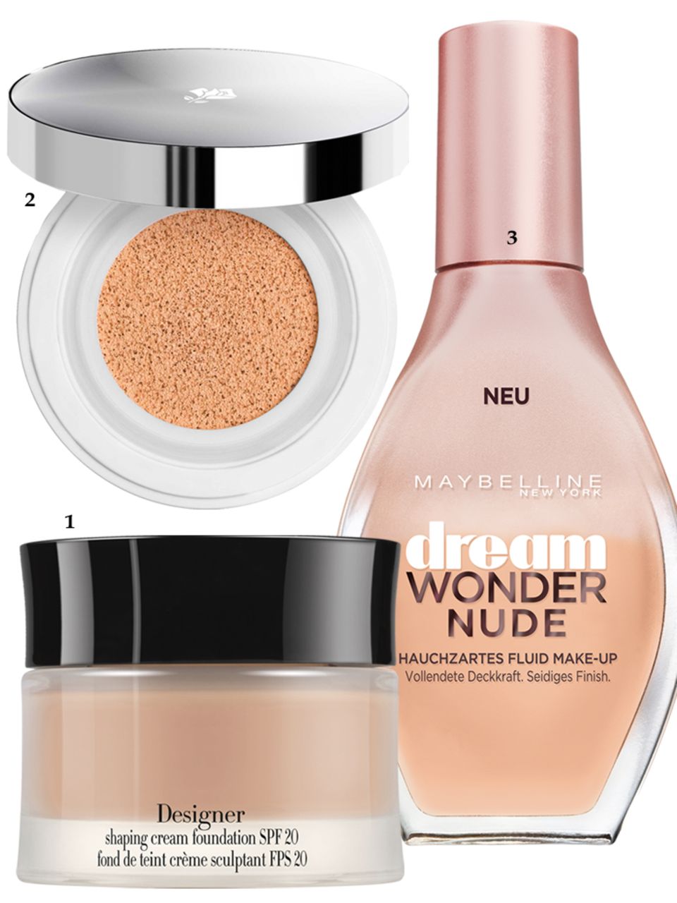 1. Pflegende Fasern in der "Giorgio Armani Designer Cream" lassen die Gesichtszüge fester wirken. 30 ml, ca. 77 Euro; 2. Vereint BB-Cream, Puder und Foundation in einem einzigen Produkt: "Miracle Cushion" von Lancôme, 14 g, ca. 43 Euro; 3. Der Stab-Applikator ermöglicht ein genaues Dosieren. "Dream Wonder Nude Make-up" von Maybelline New York, 20 ml, ca. 10 Euro