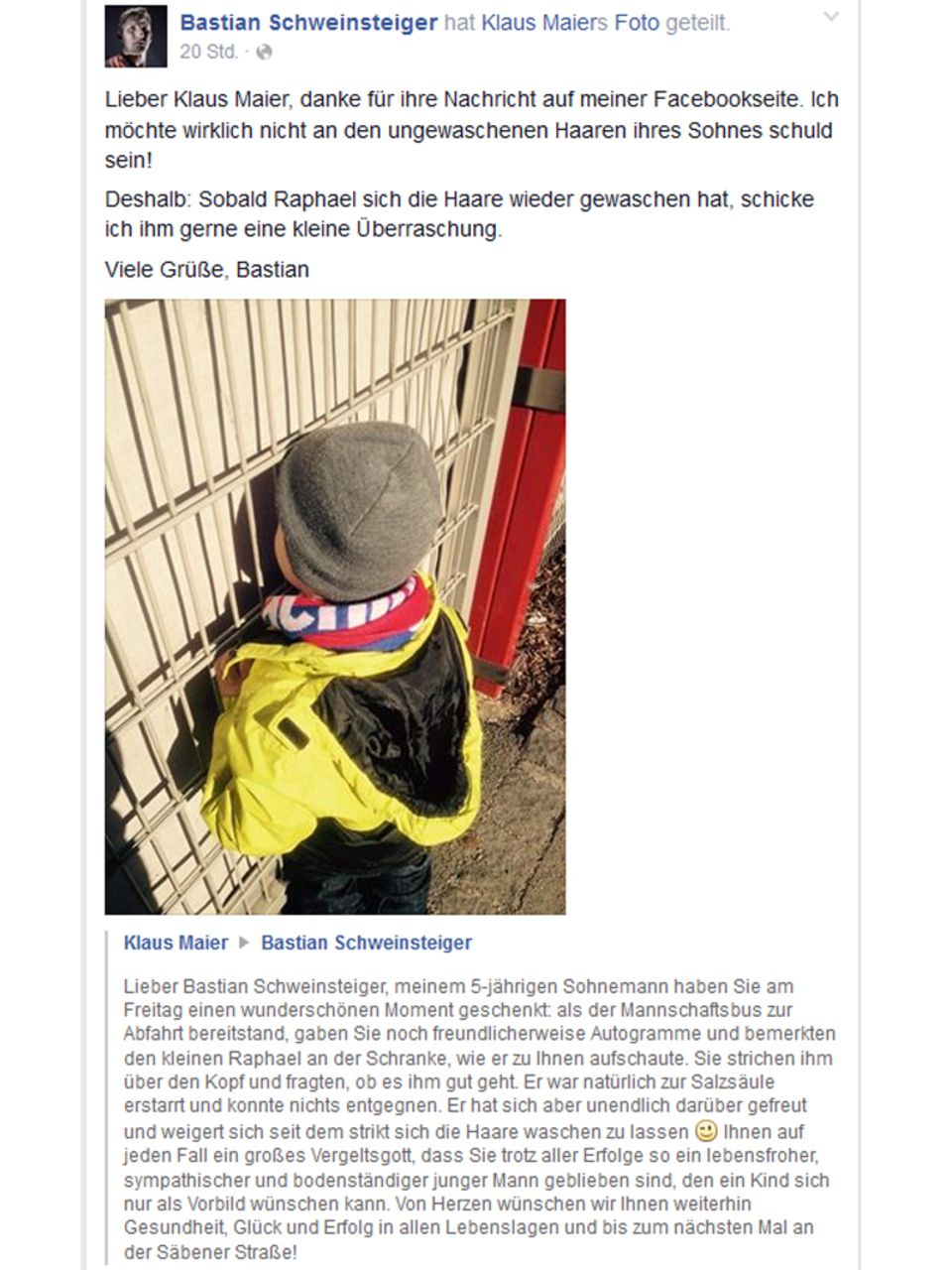Bayern-Star beweist großes Herz: Auf Facebook antwortet Bastian Schweinsteiger dem Vater von Raphael. Auf Facebook antwortet Bastian Schweinsteiger dem Vater von Raphael.