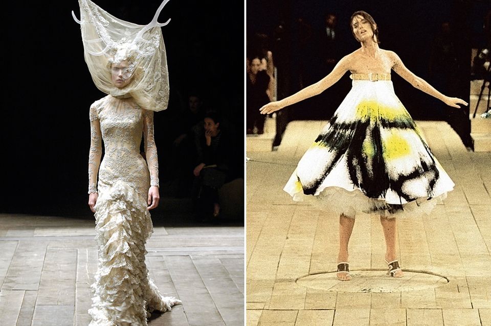Links: Die Kollektion "Widows of Culloden" (Herbst/Winter 2006/07) sorgte mit Spitze und Geweihen für Aufsehen. Rechts: Zu einem der Höhepunkte der Modegeschichte zählt die Inszenierung des live angesprühten Kleides der Frühjahr/Sommer-Kollektion 1999.