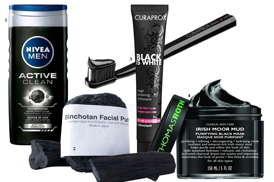 Black Detox: 1. "Active Clean Dusche" von Nivea Men, 250 ml ca. 2 Euro; 2. Konjac-Schwamm mit Aktivkohlepuder "Binchotan Facial Puff" von Morihata, ca. 20 Euro, über www.niche-beauty.com; 3. Schwarze Whitening-Zahnpasta "Black Is White" von Curaprox, ca. 25 Euro, in Apotheken erhältlich; 4. "Irish Moor Mud"-Gesichtsmaske von Peter Thomas Roth, 150 ml, ca. 75 Euro 1. "Active Clean Dusche" von Nivea Men, 250 ml ca. 2 Euro; 2. Konjac-Schwamm mit Aktivkohlepuder "Binchotan Facial Puff" von Morihata, ca. 20 Euro, über www.niche-beauty.com; 3. Schwarze Whitening-Zahnpasta "Black Is White" von Curaprox, ca. 25 Euro, in Apotheken erhältlich; 4. "Irish Moor Mud"-Gesichtsmaske von Peter Thomas Roth, 150 ml, ca. 75 Euro