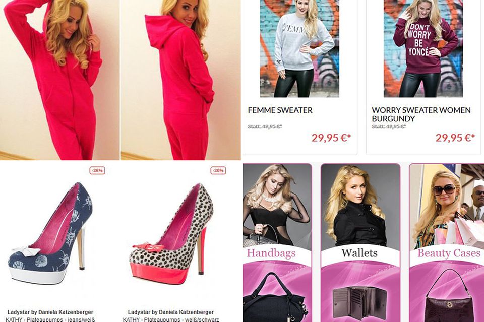 Modelinien der Stars: Von Professionalität und Erfolg sind diese Damen noch weit entfernt: Angelina Heger scheint im heimischen Flur für Produktbilder zu posieren, Paris Hilton lebt in einer pinken Glitzerwelt und Daniela Katzenbergers Schuhe gehen zum vollen Preis einfach nicht weg. Von Professionalität und Erfolg sind diese Damen noch weit entfernt: Angelina Heger scheint im heimischen Flur für Produktbilder zu posieren, Paris Hilton lebt in einer pinken Glitzerwelt und Daniela Katzenbergers Schuhe gehen zum vollen Preis einfach nicht weg.