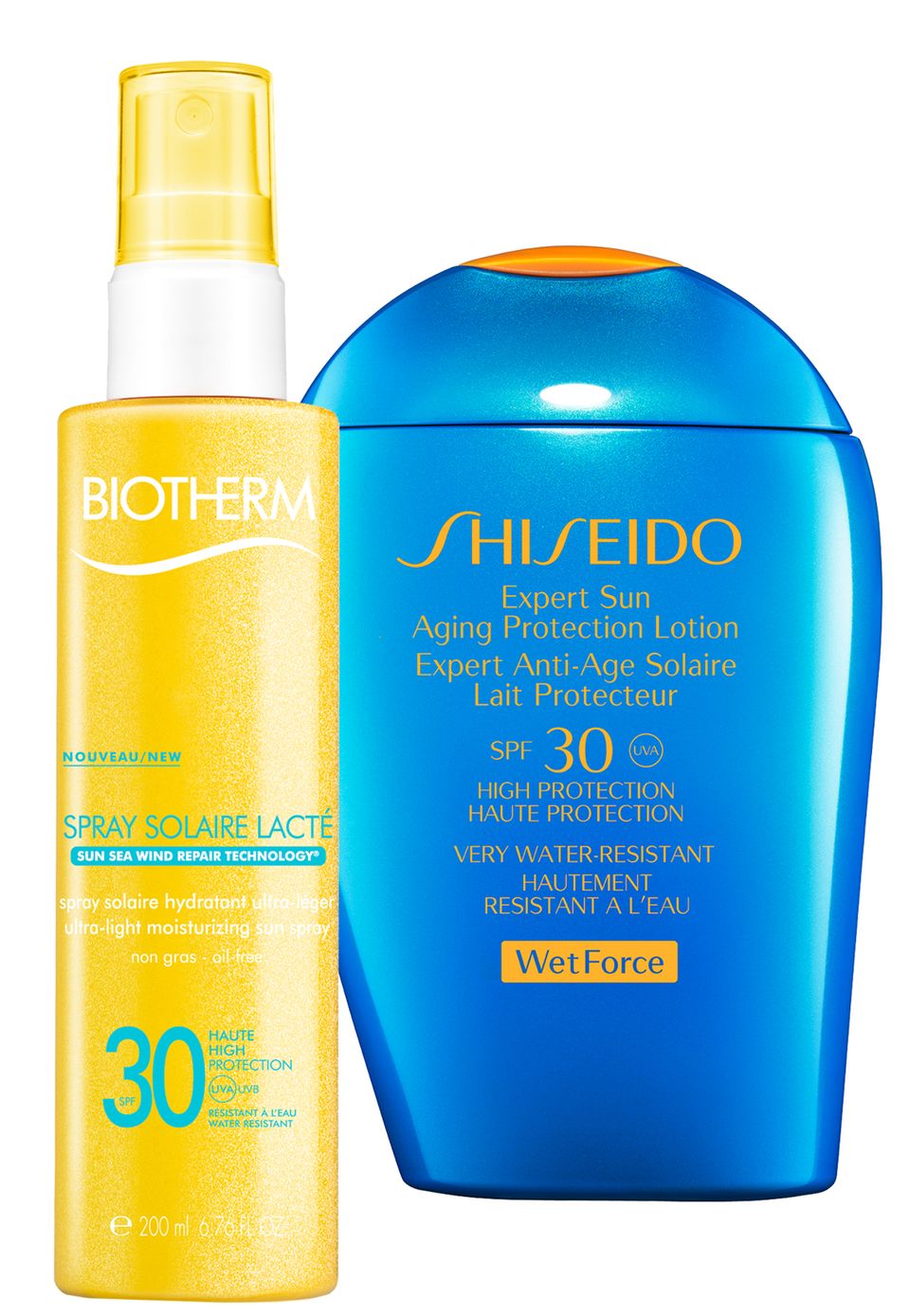 Links:  "Spray Solaire Lacté LSF 15" von Biotherm, 200 ml, ca. 26 Euro; Rechts: "Expert Sun Aging Protection Lotion SPF 30" von Shiseido, 100 ml, ca. 31 Euro