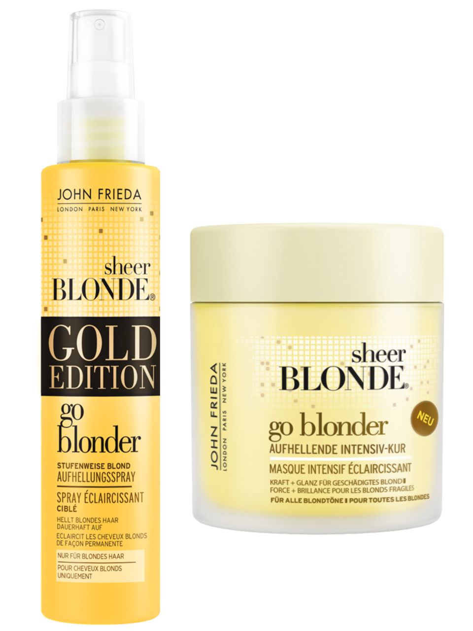 Haarfarbe: Die aktuellen Favoriten von Blond-Profi Nicola Clarke: "Gold Edition Sheer Blonde Go Blonder Stufenweise Blond Aufhellungsspray", 100 ml, 7 Euro (limitiert) und "Sheer Blonde Go Blonder Aufhellende Intensiv-Kur", 150 ml, ca. 7 Euro. Beides von John Frieda Die aktuellen Favoriten von Blond-Profi Nicola Clarke: "Gold Edition Sheer Blonde Go Blonder Stufenweise Blond Aufhellungsspray", 100 ml, 7 Euro (limitiert) und "Sheer Blonde Go Blonder Aufhellende Intensiv-Kur", 150 ml, ca. 7 Euro. Beides von John Frieda