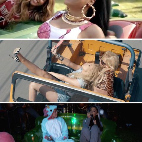 Beyoncé + Nicki Minaj in "Feeling Myself", Iggy Azalea + Britney Spears in "Pretty Girls", Miley Cyrus' + Ariana Grandes "Backyrad Session"