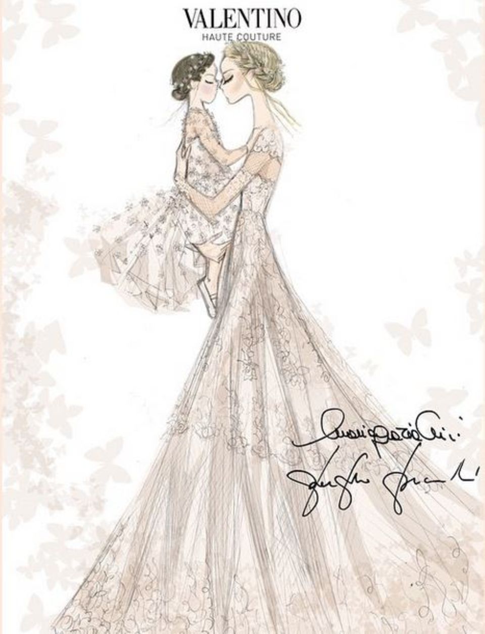 Frida Giannini: Der Entwurf des Brautkleides für Frida Giannini und ihre kleine Tochter Greta wurde vom Valentino-Designduo Maria Grazia Chiuri und Pierpaolo Piccioli angefertigt. Die beiden Modedesigner waren auch als Gäste der Hochzeit geladen. Der Entwurf des Brautkleides für Frida Giannini und ihre kleine Tochter Greta wurde vom Valentino-Designduo Maria Grazia Chiuri und Pierpaolo Piccioli angefertigt. Die beiden Modedesigner waren auch als Gäste der Hochzeit geladen.