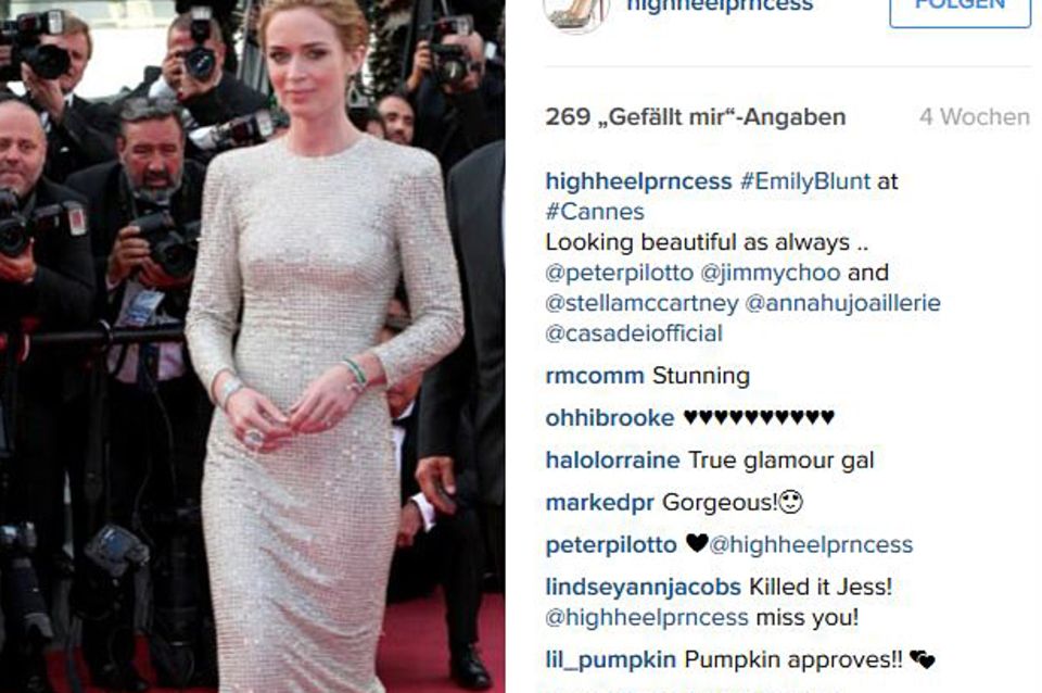 Auch Emily Blunt zählt zum Kundenstamm von Jessica Paster. Auf ihrem Instagramprofil zeigt die Stylistin stolz zwei Looks der Schauspielerin - und führt detailliert alle Marken auf, deren Entwürfe zu sehen sind.