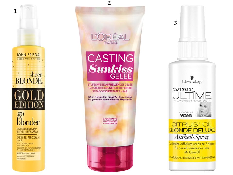 Haarpflege: 1. "Sheer Blonde Gold Edition – Go Blonder Aufhellungsspray" von John Frieda, 100 ml, ca. 8 Euro, limitiert; 2. "Casting – Sunkiss Gelée" von L'Oréal Paris, ca. 6 Euro; 3. "Essence Ultîme Blonde Deluxe – Aufhell-Spray" von Schwarzkopf, 100 ml, ca. 10 Euro 1. "Sheer Blonde Gold Edition – Go Blonder Aufhellungsspray" von John Frieda, 100 ml, ca. 8 Euro, limitiert; 2. "Casting – Sunkiss Gelée" von L'Oréal Paris, ca. 6 Euro; 3. "Essence Ultîme Blonde Deluxe – Aufhell-Spray" von Schwarzkopf, 100 ml, ca. 10 Euro