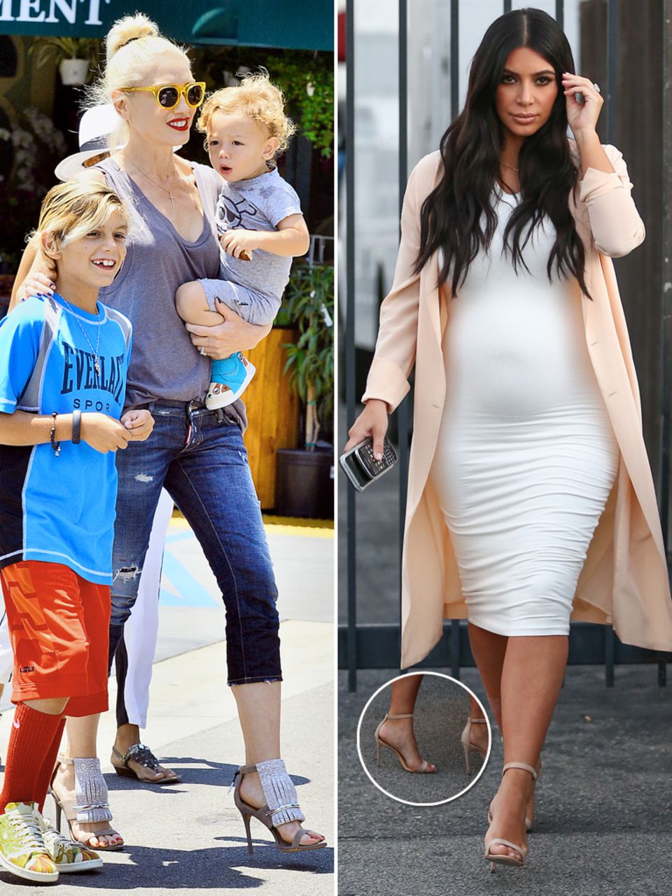 Kim Kardashian + Co.: Zwei Frauen, eine Leidenschaft: Gwen Stefani (links) und Kim Kardashian wollen trotz Schwangerschaft und Kind auf dem Arm nicht auf ihre geliebten High-Heels verzichten. Gwen Stefani + Kim Kardashian