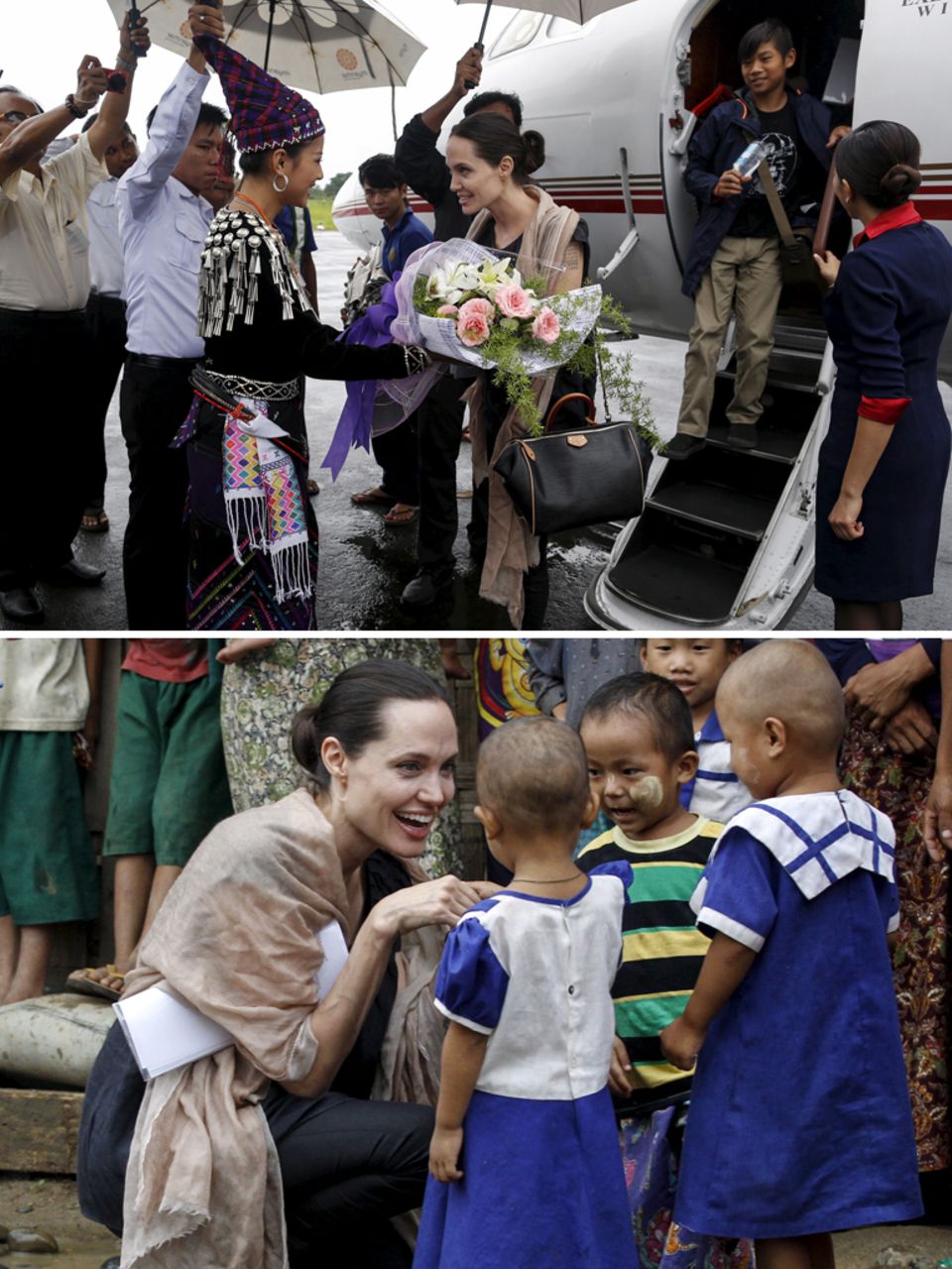 Angelina Jolie: Bei ihrer Ankunft in Myitkyina werden Angelina Jolie und ihr Sohn Pax freudestrahlend in Empfang genommen. Ein Lächeln zurück schenkt die Schauspielerin besonders den Kindern, die in der Region einem Bürgerkrieg zum Opfer gefallen waren. Bei ihrer Ankunft in Myitkyina werden Angelina Jolie und ihr Sohn Pax freudestrahlend in Empfang genommen. Ein Lächeln zurück schenkt die Schauspielerin besonders den Kindern, die in der Region einem Bürgerkrieg zum Opfer gefallen waren.