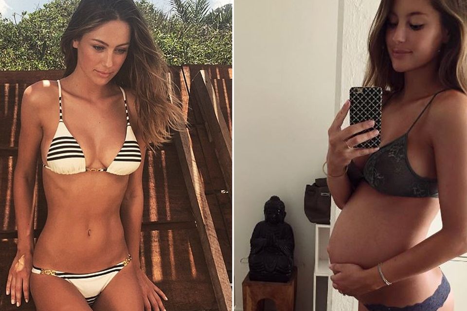 Model Mathilde Gohler vor ihrer Schwangerschaft (links) und im 9. Monat kurz vor der Geburt ihres Babys (rechts). Merklich zugenommen hat die schöne Dänin nicht.