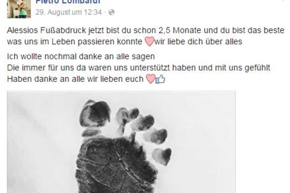 Sarah Lombardi hat ein Tattoo: Pietro Lombardi postete ganz stolz Alessios Fußabdruck - die Vorlage für Sarahs Tattoo. Pietro Lombardi